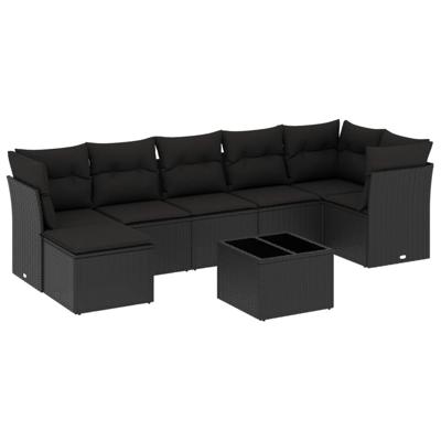 8-delige Loungeset met kussens poly rattan zwart - thumbnail
