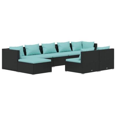10-delige Loungeset met kussens poly rattan zwart - thumbnail