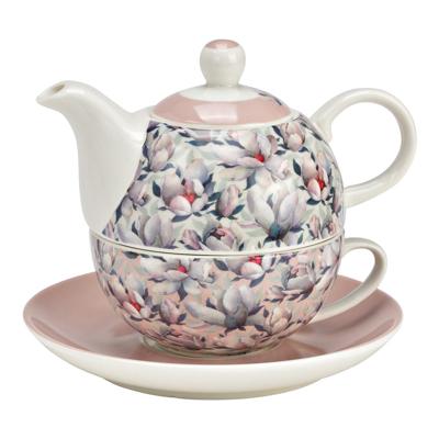 Set theepotten met magnolia-bloemendecor, 3-delig, van porselein, pink/roze (B/H/D) 15x16x15 cm 400 ml/250 ml