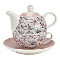Set theepotten met magnolia-bloemendecor, 3-delig, van porselein, pink/roze (B/H/D) 15x16x15 cm 400 ml/250 ml - thumbnail