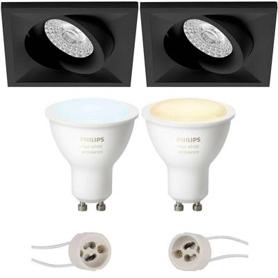 GU10 Inbouwspot Set - Mat Zwart - Inbouw Vierkant - Kantelbaar - Philips Hue - White Ambiance - Bluetooth - Pragmi Qiundo Pro - 80mm