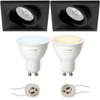 GU10 Inbouwspot Set - Mat Zwart - Inbouw Vierkant - Kantelbaar - Philips Hue - White Ambiance - Bluetooth - Pragmi Qiundo Pro - 80mm - thumbnail