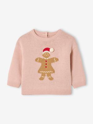 Kersttrui voor babymeisjes met koekjesmotief roze (poederkleur)