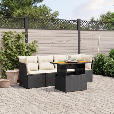 5-delige Loungeset met kussens poly rattan zwart - thumbnail
