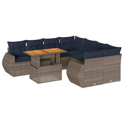 9-delige Loungeset met kussens poly rattan grijs - thumbnail