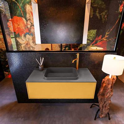 Badkamermeubelset Mondiaz Erin 100 cm met 1 Lade met RIDGE Wastafel Midden Dark grey met 1 kraangat Greeploos Mat Ocher Badkamermeubelset Mondiaz Erin 100 cm met 1 Lade met RIDGE Wastafel Midden Dark grey met 1 kraangat Greeploos Mat Ocher