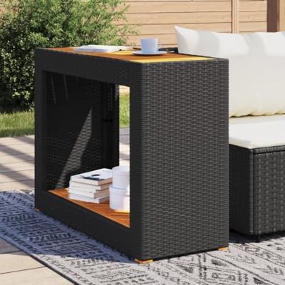 Tuinbijzettafel met houten blad 100x40x75 cm poly rattan zwart - thumbnail
