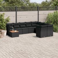 10-delige Loungeset met kussens poly rattan zwart - thumbnail