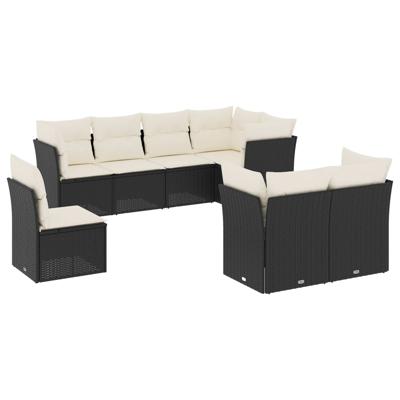 9-delige Loungeset met kussens poly rattan zwart