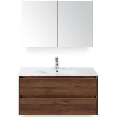 Dante Badmeubelset 100 cm - Walnoot - Keramische Wastafel Wit Enjoy met Spiegelkast