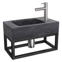 Fonteinset Differnz Bombai Natuursteen en Handoekrek 40x22x9 cm Zwart Met Rechte Kraan Mat Chroom - thumbnail