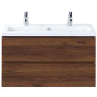 Vogue Badmeubelset 100 cm - Greeplijst in Kleur - Walnoot - Keramische Wastafel Wit 2 Kraangaten - thumbnail