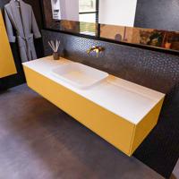 Badkamermeubelset Mondiaz Erin 150 cm met 1 Lade met RIDGE Wastafel Midden Talc Zonder Kraangaten Greeploos Mat Ocher - thumbnail