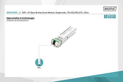 DIGITUS Universele SFP+ Module - 10 Gbit/s - Mini GBIC - voor singlemode glasvezelkabel - LC Simplex - Bidirectioneel - TX1330/RX1270nm - 10 km bereik - Plug & Play