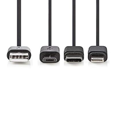 3-in-1-Kabel | USB 2.0 | USB-A Male | Apple Lightning 8-Pins / USB Micro-B Male / USB-C Male | 480 Mbps | 1.00 m | Vernikkeld | Rond | PVC | Zwart 3-in-1-Kabel | USB 2.0 | USB-A Male | Apple Lightning 8-Pins / USB Micro-B Male / USB-C Male | 480 Mbps | 1.00 m | Vernikkeld | Rond | PVC | Zwart