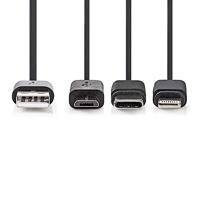 3-in-1-Kabel | USB 2.0 | USB-A Male | Apple Lightning 8-Pins / USB Micro-B Male / USB-C Male | 480 Mbps | 1.00 m | Vernikkeld | Rond | PVC | Zwart - thumbnail
