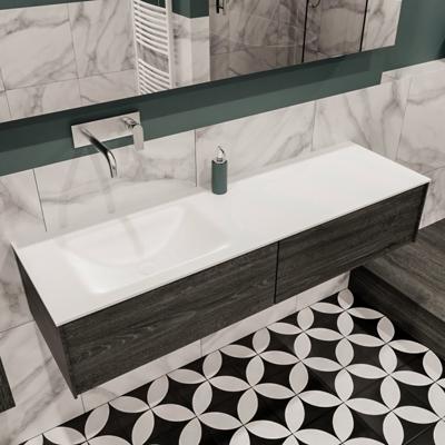 Mondiaz Lush Cloud badmeubel eiken Dark brown 150 cm 2 lades solid surface enkele spoelbak links zonder kraangat
