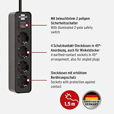 Brennenstuhl Ecolor stekkerdoos 4-voudig zwart 1,5m H05VV-F 3G1,5 - 1153240000