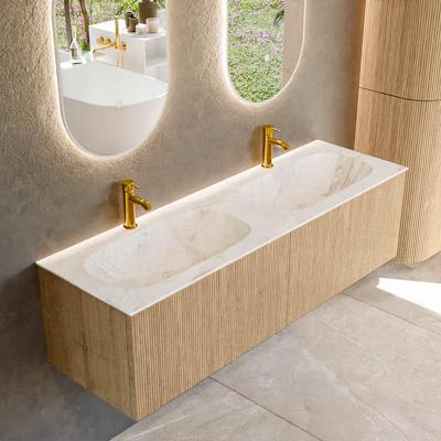 Mondiaz KURVE-DLUX 150 cm Onderkast Greeploos 2 Lades Zonder Deuren Oak, Wastafel Solid Surface Dubbel Frappe 2 Kraangaten Zonder Spiegel (KRVSTS1502L0D2KD-Oak/Fra)