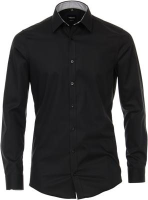 Venti Heren Overhemd Zwart Contrast Poplin Kent Body Fit
