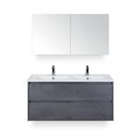 Porto Badmeubelset 120 cm - 2 laden Beton Antraciet - Keramische Wastafel Wit Slim - met Spiegelkast - thumbnail
