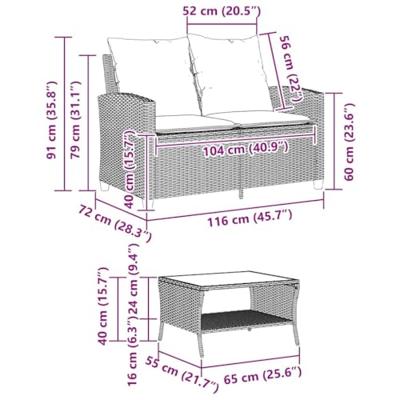 Tuinbank 2-zits met kussens & tafel poly rattan beige