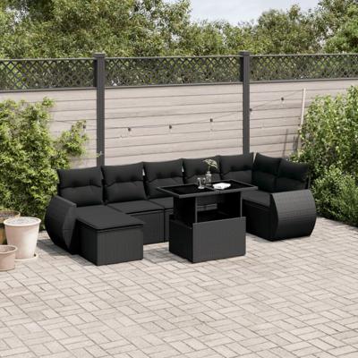 8-delige Loungeset met kussens poly rattan zwart - thumbnail