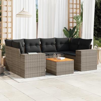 7-delige Loungeset met kussens poly rattan grijs