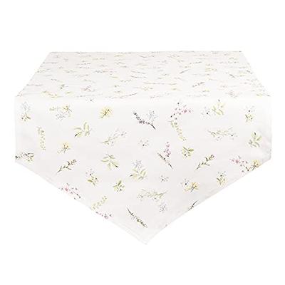 Clayre & Eef Tafelloper 50x160 cm Wit Roze Katoen Bloemen Tafelkleed