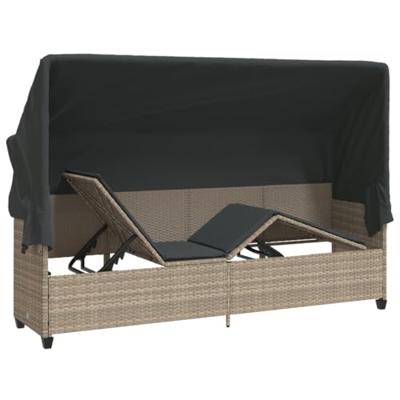 Ligbed met luifel en kussens poly rattan lichtgrijs