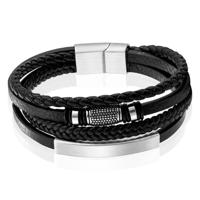 Mendes Jewelry Heren Armband van Roestvrijstaal en Echt Leder - Stijlvol Zwart met Zilveren Elementen-21cm - thumbnail