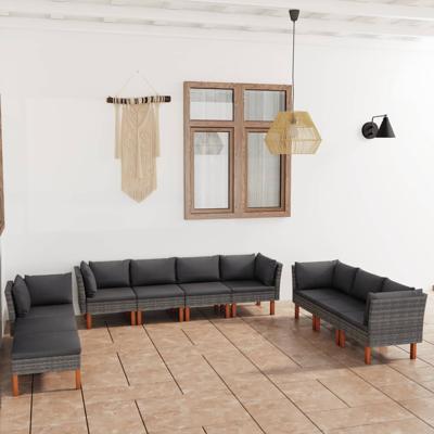 10-delige Loungeset met kussens poly rattan grijs