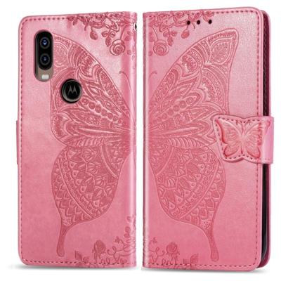 Butterfly Love bloemen reliëf horizontale Flip lederen draagtas voor Motorola P40 met houder & kaartsleuven & portemonnee & Lanyard (roze)