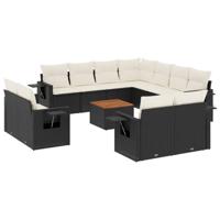 12-delige Loungeset met kussens poly rattan zwart - thumbnail