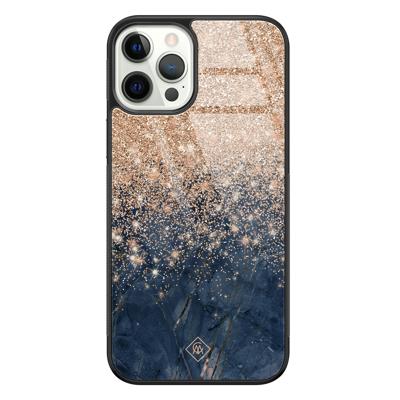 iPhone 12 Pro glazen hardcase - Marmer blauw rosegoud iPhone 12 Pro glazen hardcase - Marmer blauw rosegoud