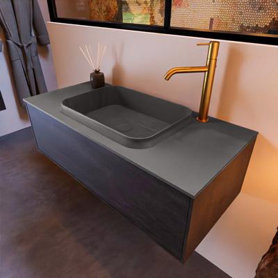 Badkamermeubelset Mondiaz Erin 100 cm met 1 Lade met RIDGE Wastafel Midden Dark grey met 1 kraangat Greeploos Mat Dark Brown