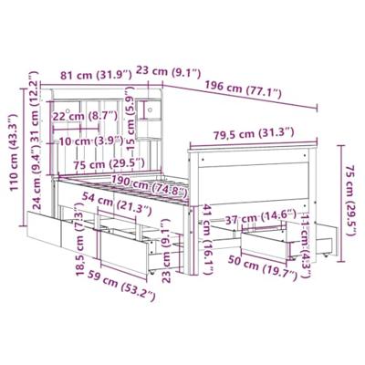 Bed met boekenkast zonder matras grenenhout wasbruin 75x190 cm