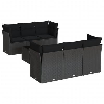 7-delige Loungeset met kussens poly rattan zwart - thumbnail