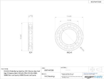 FAG 6230-C3 Radiaal Lager, Enige Rij, ABEC 1 Precisie, Open, Stalen Kooi, C3 Uitruiming, Metrisch, 150mm ID, 270mm OD, 45mm Breedte, 38000lbf Statische Ladingscapaciteit, 40000lbf Dynamische Ladingscapaciteit
