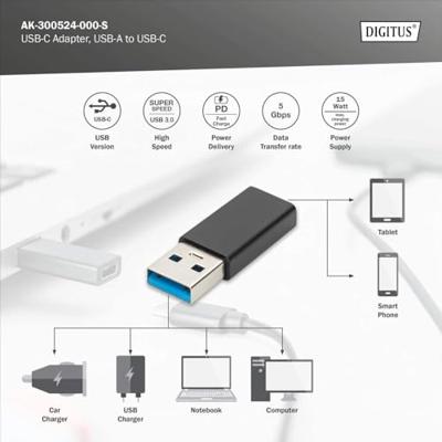 Digitus USB 3.2 Gen 1 (USB 3.0) Adapter [1x USB 3.2 Gen 1 stekker A (USB 3.0) - 1x USB-C bus] DIGITUS - USB Type-C Adapter, USB A - USB-C