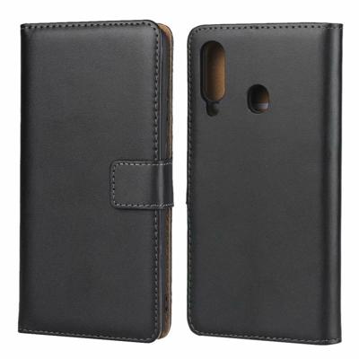 Lederen horizontale Flip holster voor Galaxy A60 met magnetische sluiting en beugel en kaartsleuf en portemonnee (zwart)