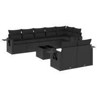 9-delige Loungeset met kussens poly rattan zwart - thumbnail