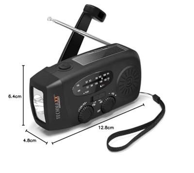 Technaxx TX-238 Noodradio AM, FM Noodradio Handslinger, Zonnepaneel, Zaklamp, Oplaadbaar Zwart