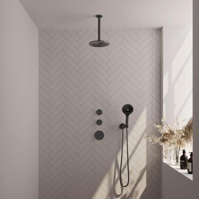 BRAUER Gunmetal Edition thermostatische inbouw regendouche SET 11 met 20 cm douchekop en plafondarm en 3-standen handdouche en doucheslang en wandaansluitbocht gunmetal geborsteld PVD