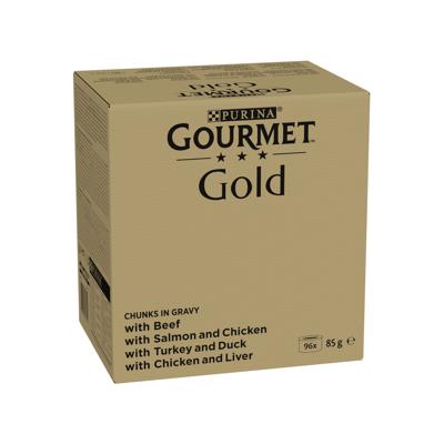 Gourmet Gold Fijne Hapjes in saus met rund, kip-lever, zalm-kip, kalkoen-eend natvoer kat (85 g) 2 x (96x 85 g)