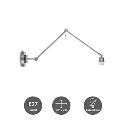Moderne wandlamp Shift voor lampenkap, 70-70-32cm, Geborsteld-staal, wandlamp met-verstelbare-arm-van, Metaal, geschikt-voor-E27-LED-lichtbron, voor-lampenkap-met-doorsnede-max., 20cm