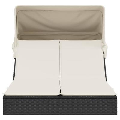 Ligbed 2-persoons met luifel en kussens poly rattan zwart