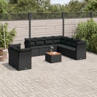 10-delige Loungeset met kussens poly rattan zwart - thumbnail