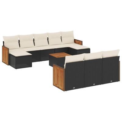 10-delige Loungeset met kussens poly rattan zwart