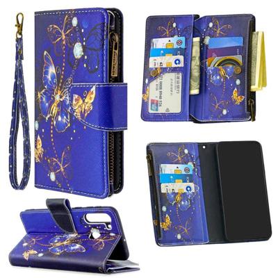 Voor Samsung Galaxy A21 Gekleurd tekenpatroon Rits Horizontale Flip Lederen case met Holder & Card Slots & Wallet(Purple Butterfly)